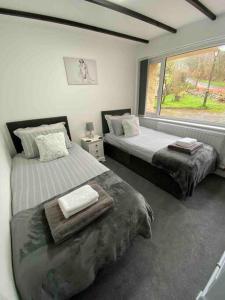 a bedroom with two beds and a large window at Beautiful renovated former coach house in Llandeilo
