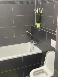 ein Badezimmer mit einer weißen Badewanne und einem WC in der Unterkunft Moderní byt v Brně u BRuNA in Slatina