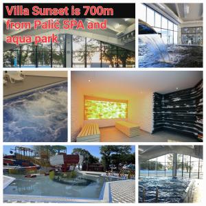 un collage di foto di un centro benessere e di un parco acquatico di Villa Sunset a Palić