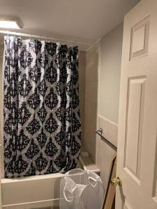 baño con cortina de ducha en blanco y negro en Comfortable home away from home, en East Hartford