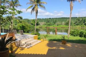 a patio with palm trees and a pond at Charmosa Casa no Lago in Ribeirão Preto