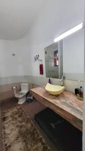 a bathroom with a sink and a toilet at Charmosa Casa no Lago in Ribeirão Preto