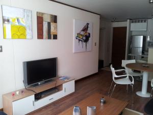a living room with a flat screen tv on a cabinet at Depto Andes de Chillán in Nevados de Chillan