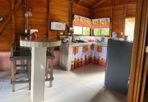 a kitchen with a table and a refrigerator at Cabaña ITZE in Fortuna