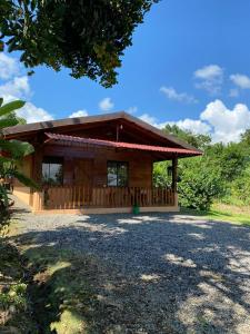 a log cabin with a porch and a driveway at Cabaña ITZE in Fortuna