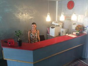 a woman standing behind a red and blue counter at H&ocirc;tel Restaurant Evan in Lempdes sur Allagnon