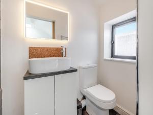 ein Badezimmer mit einem WC, einem Waschbecken und einem Spiegel in der Unterkunft Molly Veroni - Uk43592 in Ellesmere