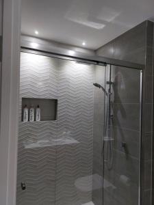 a shower in a bathroom with a glass shower stall at Luxurious Countryside Retreat - Visit our private apartment on our acreage property! in Park Ridge +16 photos