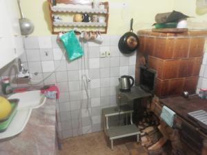 a small kitchen with a stove and a sink at Chata Lužná u Hanušovic 