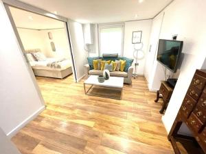 劍橋的住宿－HISTORICAL BUILDING / Cozy Basement Apt / Central，带沙发和电视的客厅