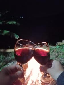 dos personas están sosteniendo copas de vino tinto en Preciosa cabaña en plena naturaleza con jaccuzi, en Dosquebradas