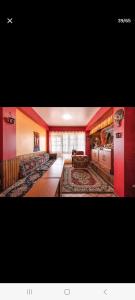 ダージリンにあるLittle Singamari Home Stayの赤い壁とカーペットが敷かれた広いリビングルーム