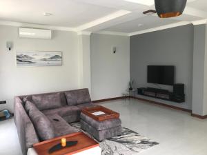 a living room with a couch and a tv at Lerai X Desty in Arusha