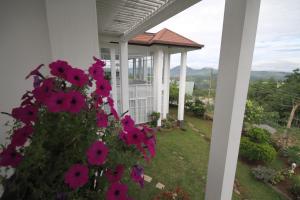 een uitzicht op een huis met roze bloemen op de veranda bij The Grove in Kandy