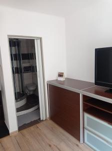 een badkamer met een bureau, een televisie en een toilet bij Apartament No 40 in Łódź