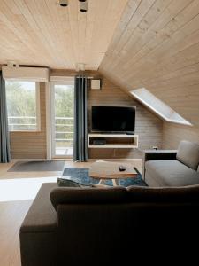 ein Wohnzimmer mit einem Sofa und einem Flachbild-TV in der Unterkunft HYGGE Sauna&Fishing House 