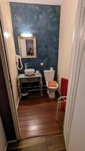 a bathroom with a sink and a toilet and a mirror at Hôtel Ilargi in Ascain
