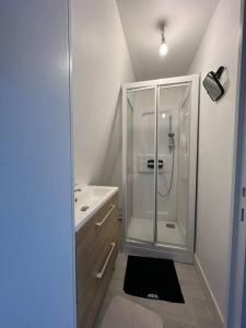 ein Bad mit einer Dusche und einem Waschbecken in der Unterkunft Villa Beauregard in Mers-les-Bains