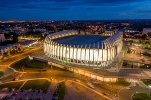 an overhead view of a soccer stadium at night at Apartment City in Zagreb