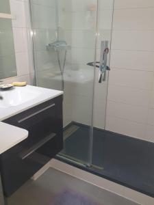een badkamer met een glazen douche en een wastafel bij Maison à Quiberon in Quiberon