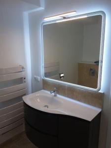 a bathroom with a sink and a large mirror at Les pierres dorées in Saint-Maurice-sur-Eygues