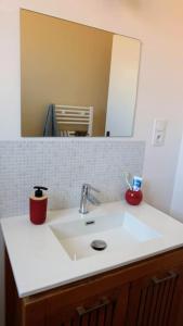 a bathroom with a white sink and a mirror at Chambre spacieuse et lumineuse chez l'habitant in Nice