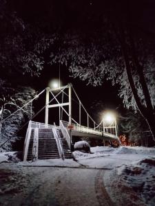 eine Brücke mit Treppen im Schnee in der Nacht in der Unterkunft Paritalohuoneisto keskustassa in Valkeakoski