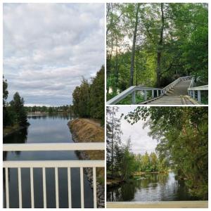 3 vistas diferentes a un río con un puente en Paritalohuoneisto keskustassa, en Valkeakoski