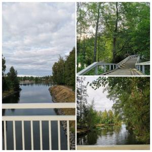 three different views of a river with a bridge at Paritalohuoneisto keskustassa in Valkeakoski