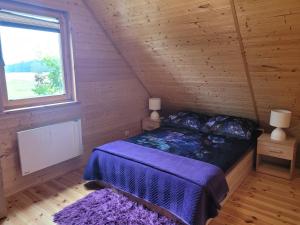 a bedroom with a bed in a wooden cabin at Dom pod brzozą-urowo in Urowo