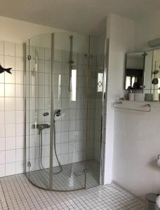 baño con ducha y puerta de cristal en Woanders zu Hause 4 Sterne FeWo, en Kölbingen
