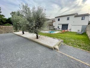 uma árvore sentada no meio de uma entrada em Piscine privée sans vis à vis / Calme / Babyfoot em Conques-sur-Orbiel