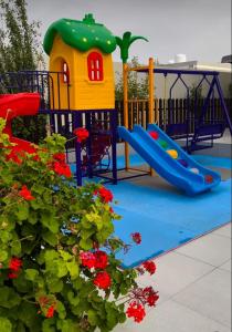 plac zabaw ze zjeżdżalnią i strukturą zabaw w obiekcie استراحة رافلز w mieście Sayq