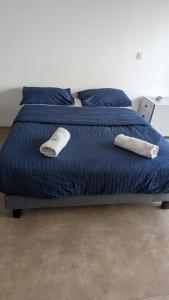 a bed with blue sheets and two towels on it at BeautifulParis18 in Paris
