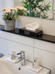 un lavabo con espejo y una caja de pañuelos en Liro Mönchengladbach, en Mönchengladbach