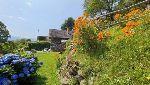 a garden with flowers on the side of a house at Casa Poiana in Ronco sopra Ascona