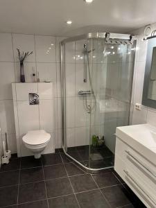 a bathroom with a glass shower and a toilet at Hybel med bad in Egersund