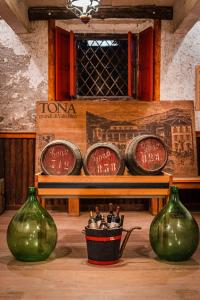 a group of wine bottles in a room with two green vases at Dimora Perla di Villa - Historical Wine Retreat near Bernina Express in Villa di Tirano
