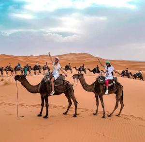 two people riding on camels in the desert at Desert Berber Fire Camp in Merzouga