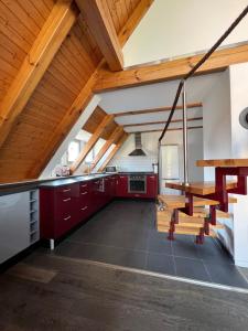 uma cozinha com armários vermelhos e um tecto de madeira em Mueritzblick47 em Marienfelde