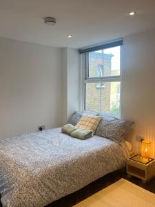 1 dormitorio con cama y ventana en Spacious Duplex near Clapham, en Londres