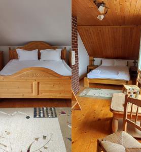 two pictures of a bedroom with a bed and a chair at Pensiunea Raze De Soare in Oradea