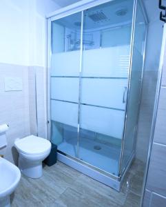 a bathroom with a shower and a toilet at Appartamento sul mare in Su Forti +11 photos