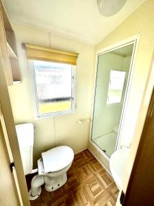 Baño pequeño con aseo y lavamanos en Goldflinch - 3 bedroom (8 birth) caravan Sand Le Mere, en Waxholme