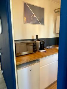 une cuisine avec un four micro-ondes sur un comptoir en bois dans l'établissement L'Open d'Australie, à Chalon-sur-Saône