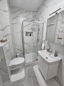 e bagno con doccia, servizi igienici e lavandino. di Apartman Blok 51 a Banja Luka
