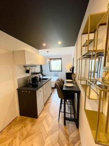 een keuken met een aanrecht en een tafel in een kamer bij Studio Esplanade bord du Lac in Aix-les-Bains