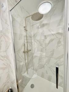 a shower with a glass door in a bathroom at Studio Esplanade bord du Lac in Aix-les-Bains