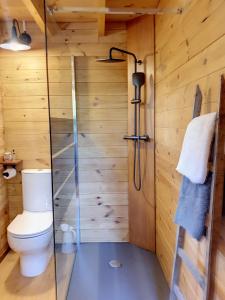 La salle de bains est pourvue d'une douche et de toilettes. dans l'établissement Chalets du golfe de st Tropez l olivier, à La Garde-Freinet