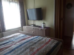 a bedroom with a bed and a flat screen tv at Bianca,s Ferienwohnung in Bad Mitterndorf